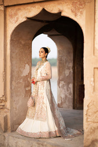 Drape yourself in the exquisite elegance of Dove, a masterpiece of timeless luxury. This opulent ensemble features a meticulously Resham embroidered and hand-embellished organza front, enriched with fine artistry on its right and left panels. The sleeves, adorned with intricate Resham and sequins embroidery, add a touch of regal grace, while matching motifs elevate the look with unparalleled sophistication. The back echoes the front's refined details, harmoniously paired with a 144-inch embroidered border t