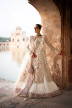 Load image into Gallery viewer, Drape yourself in the exquisite elegance of Dove, a masterpiece of timeless luxury. This opulent ensemble features a meticulously Resham embroidered and hand-embellished organza front, enriched with fine artistry on its right and left panels. The sleeves, adorned with intricate Resham and sequins embroidery, add a touch of regal grace, while matching motifs elevate the look with unparalleled sophistication. The back echoes the front&#39;s refined details, harmoniously paired with a 144-inch embroidered border t