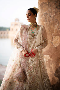 Drape yourself in the exquisite elegance of Dove, a masterpiece of timeless luxury. This opulent ensemble features a meticulously Resham embroidered and hand-embellished organza front, enriched with fine artistry on its right and left panels. The sleeves, adorned with intricate Resham and sequins embroidery, add a touch of regal grace, while matching motifs elevate the look with unparalleled sophistication. The back echoes the front's refined details, harmoniously paired with a 144-inch embroidered border t