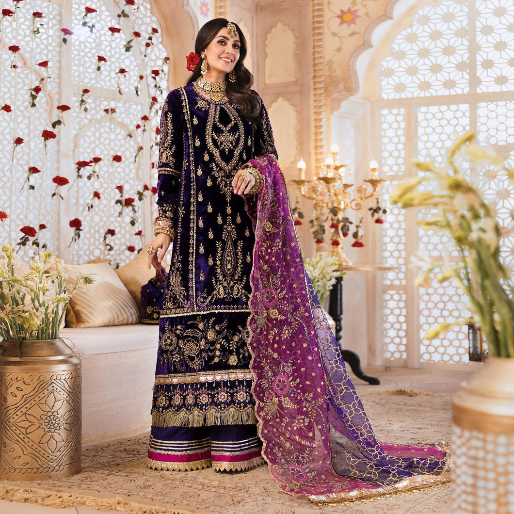 NOOR BY SAADIA ASAD | WEDDING COLLECTION '21 | 01 Purple Velvet Wedding dress is available @lebaasonline. The Wedding dresses online UK is available for Party/Evening wear. Customization of various Bridal outfits can be done. Various top brands such as Maria B, Sana Safinaz, Asim Jofa is available in UK, USA, France