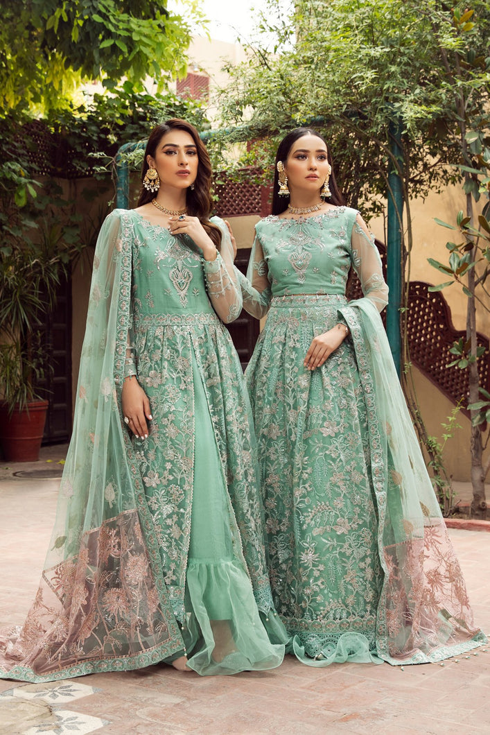 Buy ALIZEH | SHAHTAJ EMBROIDERED COLLECTION '21 | ANARKALI-02 Aqua  from our official website. We are largest stockist of Pakistani designer dresses online UK Buy this Eid dresses from Alizeh Chiffon 2021 unstitched/stitched. This Eid buy NEW dresses in UK USA Manchester from latest suits on Lebaasonline at SALE!