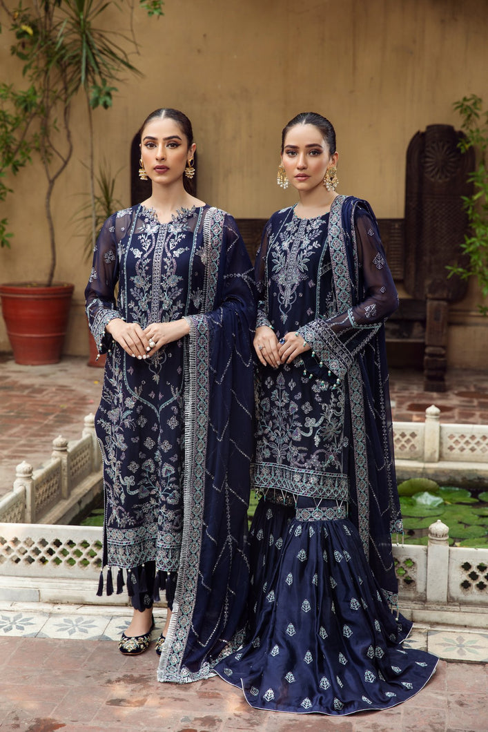 Buy ALIZEH | SHAHTAJ EMBROIDERED COLLECTION '21 | SHAAHANA-04 Blue  from our official website. We are largest stockist of Pakistani designer dresses online UK Buy this Indian Bridal dresses online USA from Alizeh Chiffon 2021. This Eid buy NEW dresses in UK USA Manchester from latest suits on Lebaasonline at SALE!