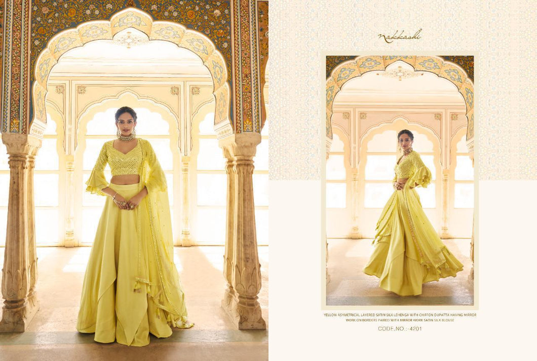 Buy Nakkashi Designer Lehenga | Nakkashi Eira 4201 Yellow color Indian wedding dresses online UK. We have elegant collection of Indian Wedding dresses online USA to choose from for Party & Wedding Wear. Shop now for Indian Designers UK online like Maisha, Ashirwad, Mohini are all available at Lebaasonline.co.uk