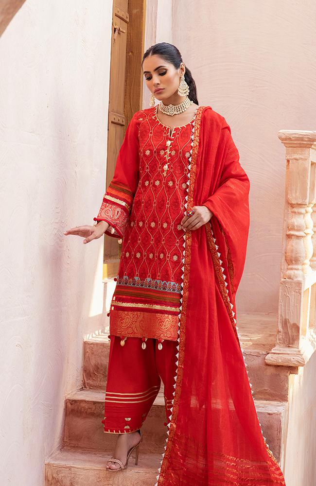 Buy ALZOHAIB | AZ-FESTIVE HUES' PREMIUM COLLECTION'2021 Red Dress at Lebaasonline Pakistani Clothes @ best price- SALE ! Shop PAKISTANI DESIGNER DRESSES IN UK MARIA B MPRINT STITCHED, IMROZIA, Pakistani Clothes Online UK for Wedding, Evening, Pakistani Bridal Wear. Indian &  by ALZOHAIB in the UK & USA at LebaasOnline.