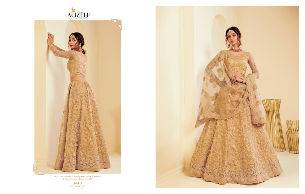 Buy Bridal Wedding Lehenga | Alizeh Lehenga The White Bride | 1001 E Golden color Lehenga The wedding collection dresses of Alizeh Embroidered dresses, Pakistani designer, Lawn Maria b are very much trending these days. Buy unstitched or even customized Asian Wedding Dresses from Lebaasonline.co.uk in USA, Spain, UK