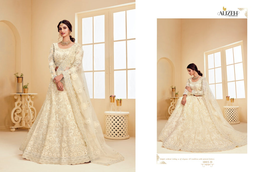 Buy Bridal Wedding Lehenga | Alizeh Lehenga The White Bride | 1003 D Off-White color Lehenga The wedding collection dresses of Alizeh Embroidered dresses, Pakistani designer, Lawn Maria b are very much trending these days. Buy unstitched or even customized Pakistani clothing from Lebaasonline.co.uk in USA, Spain, UK