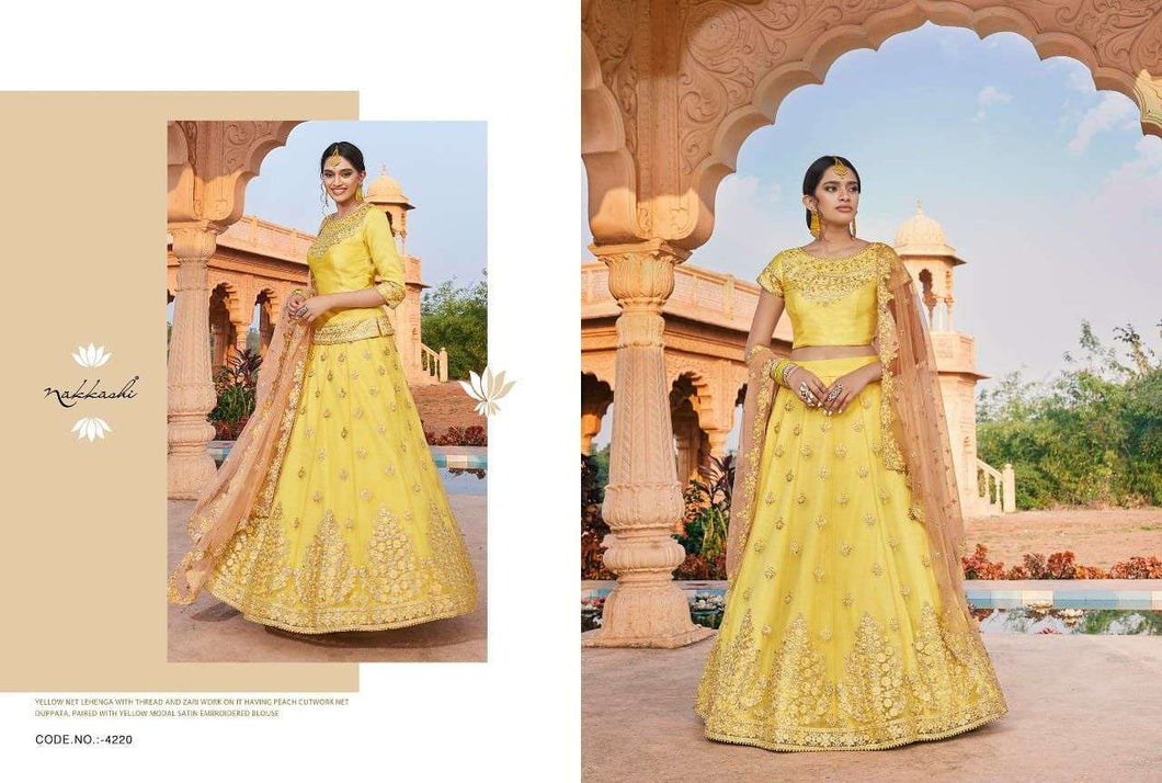 Buy Nakkashi Designer Lehenga | Nakkashi Kasak 4220 Yellow color Indian wedding dresses online UK. We have elegant collection of Indian Wedding dresses online USA to choose from for Party & Wedding Wear. Shop now for Indian Designers UK online like Maisha, Ashirwad, Mohini are all available at Lebaasonline.co.uk