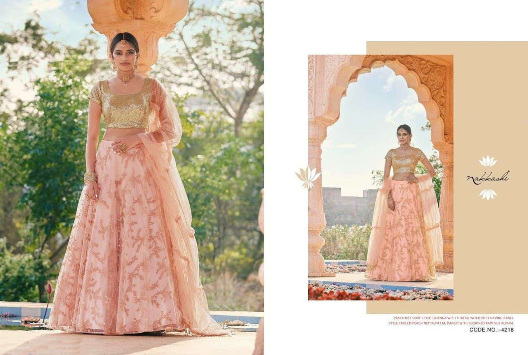 Buy Nakkashi Designer Lehenga | Nakkashi Kasak 4218 Peach color Indian wedding dresses online UK. We have elegant collection of Indian Wedding dresses online USA to choose from for Party & Wedding Wear. Shop now for Indian Designers UK online like Maisha, Ashirwad, Mohini are all available at Lebaasonline.co.uk