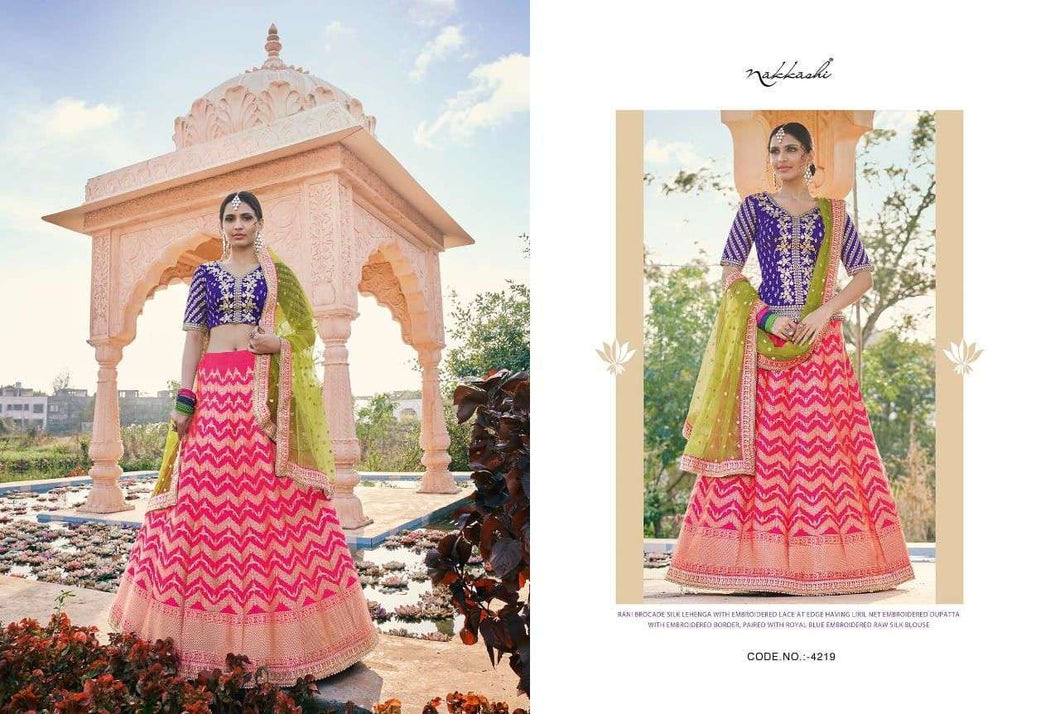 Buy Nakkashi Designer Lehenga | Nakkashi Kasak 4219 Rani color Indian wedding dresses online UK. We have elegant collection of Indian Wedding dresses online USA to choose from for Party & Wedding Wear. Shop now for Indian Designers UK online like Maisha, Ashirwad, Mohini are all available at Lebaasonline.co.uk