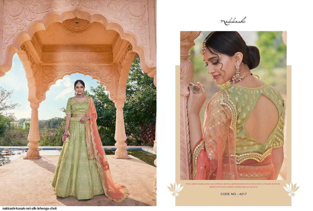 Buy Nakkashi Designer Lehenga | Nakkashi Kasak 4217 Pista Green color Indian wedding dresses online UK. We have elegant collection of Indian Wedding dresses online USA to choose from for Party & Wedding Wear. Shop now for Indian Designers UK online like Maisha, Ashirwad, Mohini are all available at Lebaasonline.co.uk