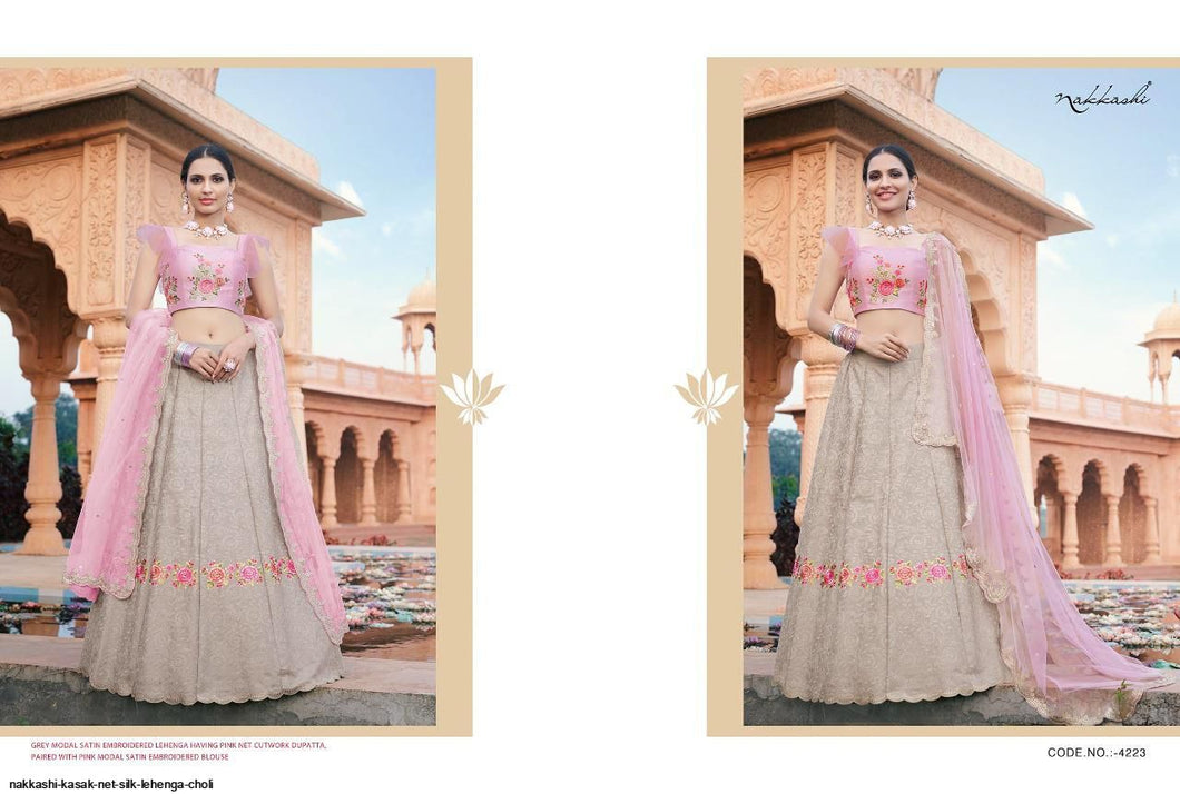 Buy Nakkashi Designer Lehenga | Nakkashi Kasak 4223 Grey color Indian wedding dresses online UK. We have elegant collection of Indian Wedding dresses online USA to choose from for Party & Wedding Wear. Shop now for Indian Designers UK online like Maisha, Ashirwad, Mohini are all available at Lebaasonline.co.uk