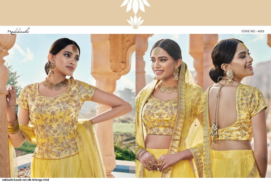 Buy Nakkashi Designer Lehenga | Nakkashi Kasak 4225 Yellow color Indian wedding dresses online UK. We have elegant collection of Indian Wedding dresses online USA to choose from for Party & Wedding Wear. Shop now for Indian Designers UK online like Maisha, Ashirwad, Mohini are all available at Lebaasonline.co.uk