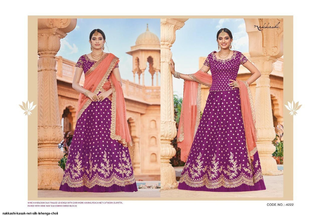 Buy Nakkashi Designer Lehenga | Nakkashi Kasak 4222 Wine color Indian wedding dresses online UK. We have elegant collection of Indian Wedding dresses online USA to choose from for Party & Wedding Wear. Shop now for Indian Designers UK online like Maisha, Ashirwad, Mohini are all available at Lebaasonline.co.uk