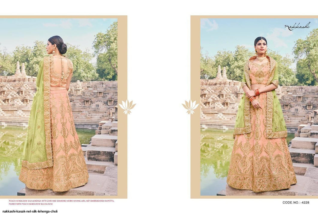 Buy Nakkashi Designer Lehenga | Nakkashi Kasak 4228 Peach color Indian wedding dresses online UK. We have elegant collection of Indian Wedding dresses online USA to choose from for Party & Wedding Wear. Shop now for Indian Designers UK online like Maisha, Ashirwad, Mohini are all available at Lebaasonline.co.uk